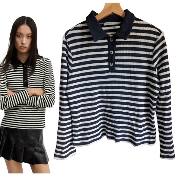 Organic Cotton Striped Black and White Polo Long Sleeve Waffle T Shirt M - Picture 1 of 7